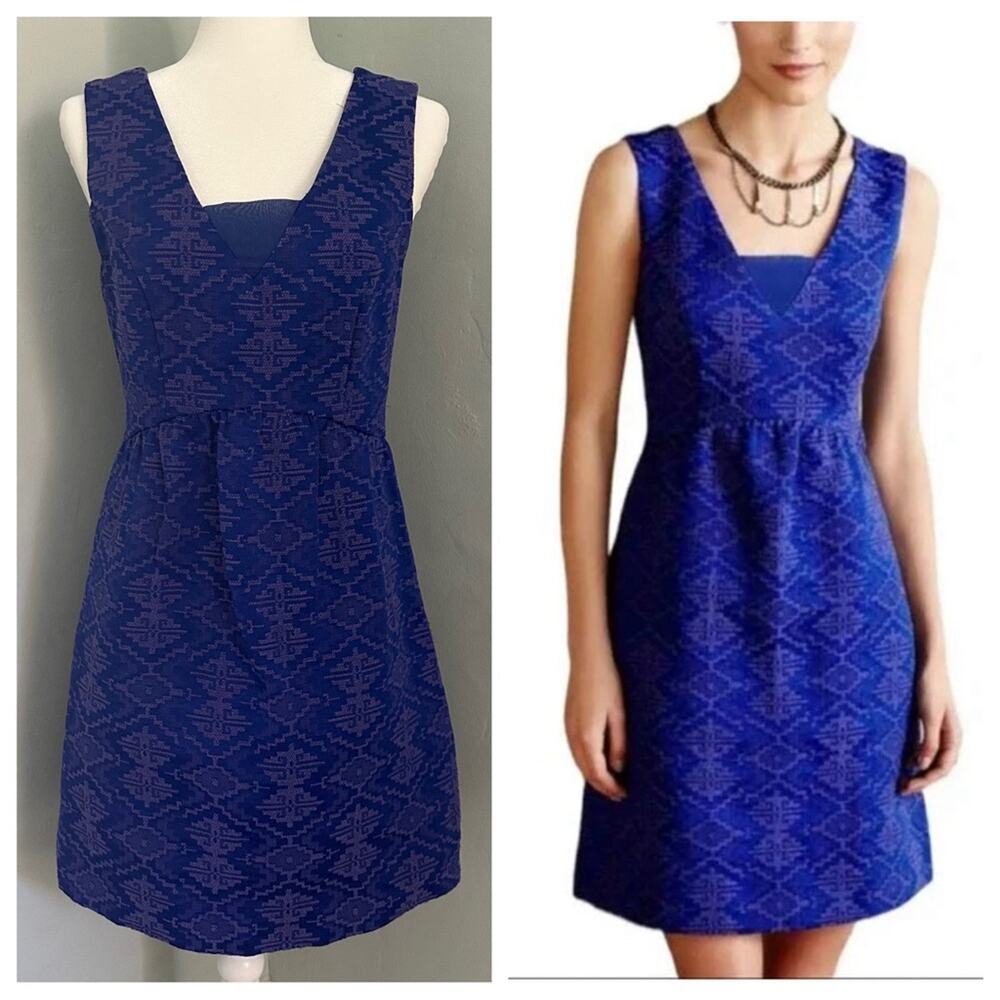 Maeve for Anthropologie Avery Aztec Brocade Dress, Blue, Purple, Size 6